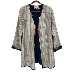 Johnny Was Navy and Cream Open Front Knit Cardigan